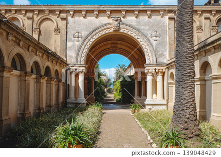 entrance courtyard of Lerins Abbey with archway 139048429