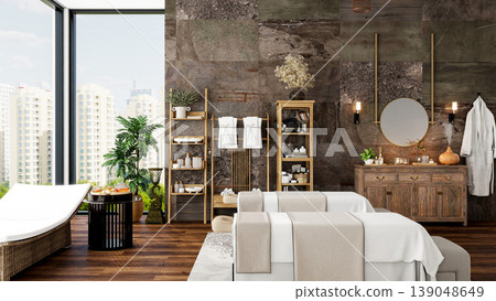 Oriental Luxury Modern Spa Treatment Room Interior with City View, 3D Rendering Oriental Luxury Modern Spa Treatment Room Interior with City View, 3D Rendering 139048649