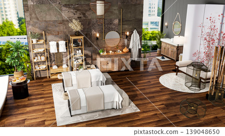 Oriental Luxury Modern Spa Treatment Room Interior with City View, 3D Rendering Oriental Luxury Modern Spa Treatment Room Interior with City View, 3D Rendering 139048650