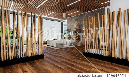 Oriental Luxury Modern Spa Treatment Room Interior with City View, 3D Rendering Oriental Luxury Modern Spa Treatment Room Interior with City View, 3D Rendering 139048654