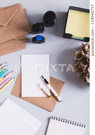 Concept of neat handwriting with ink and fountain pen, writing utensils top and vertical view 139048757
