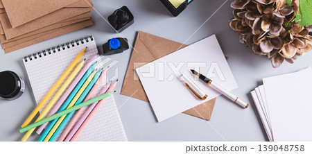 Concept of neat handwriting with ink and fountain pen, writing utensils top view web banner Concept of neat handwriting with ink and fountain pen, writing utensils top view web banner 139048758