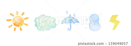 水彩天氣圖示集(太陽、雲、雨、雪、閃電)- 手繪插圖 水彩天氣圖示集(太陽、雲、雨、雪、閃電)- 手繪插圖 139049057