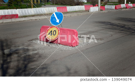 Road under repair with a traffic sign and barriers in a residential area Road under repair with a traffic sign and barriers in a residential area 139049074