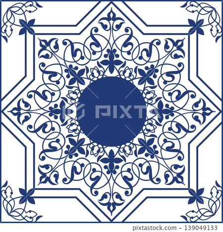 Blue tile pattern texture in Oriental style. Seamless pattern with floral ornament. Used for majolica, tile, Oriental design, ceramic, pattern, porcelain, indigo, chinaware, tile, ceiling, texture 139049133