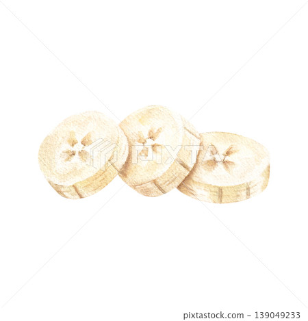 Banana slices watercolor illustration isolated on white background. Pieces of fruit in delicate tones and shades Banana slices watercolor illustration isolated on white background. Pieces of fruit in delicate tones and shades 139049233