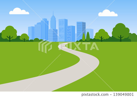 City park landscape with winding path, green grass and modern skyline background. 139049801