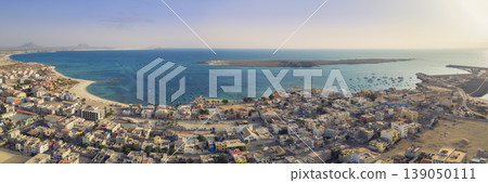 Aerial view of Sal Rei town port beach ocean and Djue island 139050111