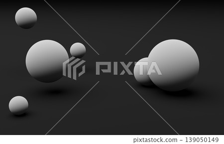 Spheres of white color are placed on soft black background. Pastel colors, soft shadows. Abstract and modern design, 3D render. Spheres of white color are placed on soft black background. Pastel colors, soft shadows. Abstract and modern design, 3D render. 139050149