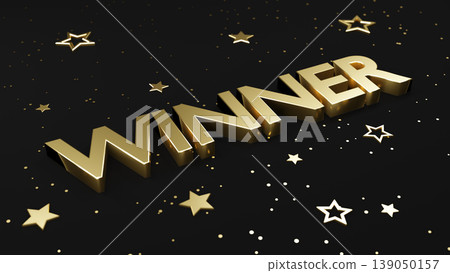 Gold text winner placed on dark gray background with golden stars around. Concept of victory and success. Soft light, bokeh effect. Gold text winner placed on dark gray background with golden stars around. Concept of victory and success. Soft light, bokeh effect. 139050157