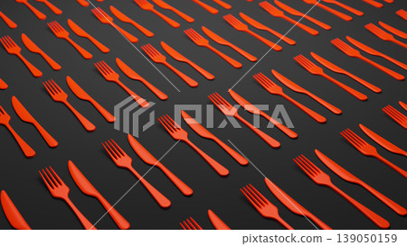 Group of fork and spoon of red color is placed on gray gradient background. Concept of cutlery in restaurant service. Bokeh effect. 3D render. Group of fork and spoon of red color is placed on gray gradient background. Concept of cutlery in restaurant service. Bokeh effect. 3D render. 139050159