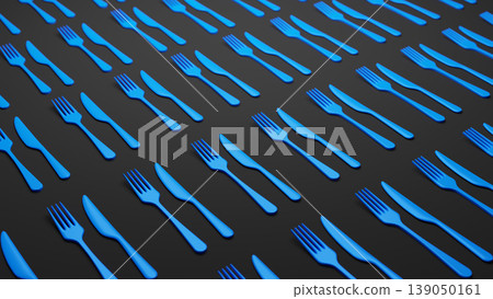 Group of fork and spoon of blue color is placed on gray gradient background. Concept of cutlery in restaurant service. Bokeh effect. 3D render. Group of fork and spoon of blue color is placed on gray gradient background. Concept of cutlery in restaurant service. Bokeh effect. 3D render. 139050161