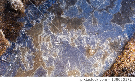 Detailed macro view of mineral surfaces showing iridescence and saltlike crystals Detailed macro view of mineral surfaces showing iridescence and saltlike crystals 139050171