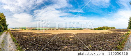 Panoramic view of battlefield near Slavkov city, Czech Republic. Austerlitz battleground during Napoleonic wars in 1805. South Moravia region. 139050216