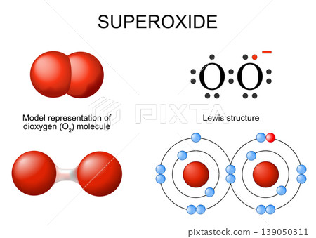 Superoxide. Model of dioxygen. O2 molecule. Lewis structure. Oxygen atom 139050311