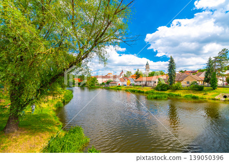 Panoramic view of Dolni Kounice city, South Moravia region, Czech republic. Small city with river in the middle. Panoramic view of Dolni Kounice city, South Moravia region, Czech republic. Small city with river in the middle. 139050396