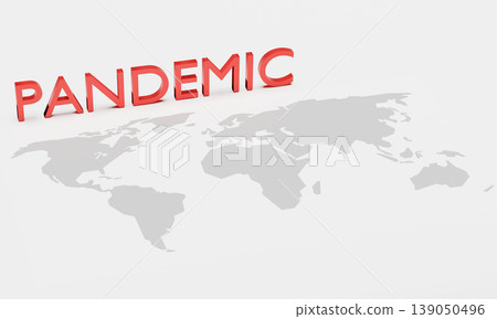 Red text "PANDEMIC" placed above world map. Concept art of pandemic situation of coronavirus (2019-nvoc, COVID-19, SARS-COV-2). Usable as epidemic concept template or infographic. 3D render. Red text "PANDEMIC" placed above world map. Concept art of pandemic situation of coronavirus (2019-nvoc, COVID-19, SARS-COV-2). Usable as epidemic concept template or infographic. 3D render. 139050496