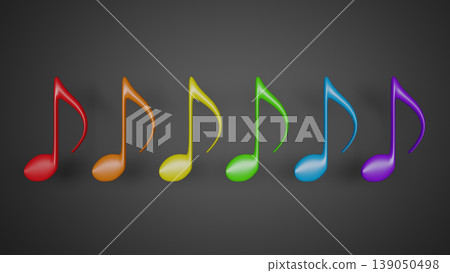Rainbow colored music note placed on gray gradient background. Concept of colorful decoration related to music, relaxation, celebration or party. 3D render. 139050498