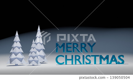 Merry Christmas greeting card. Simple low poly illustration with white trees and blue text, placed on snow land. Simple retro design, 3D render. 139050504