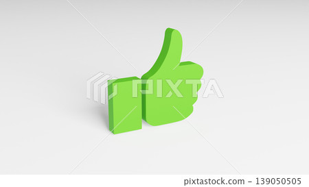 Green thumb up symbol is placed on white desk. Gesture of agreement, 3D render. Green thumb up symbol is placed on white desk. Gesture of agreement, 3D render. 139050505