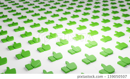 Set of green colored thumb up 3D models placed on white desk. Light effect with gradient shadow. Concept of approved idea or success. Bokeh effect with blurred background. Set of green colored thumb up 3D models placed on white desk. Light effect with gradient shadow. Concept of approved idea or success. Bokeh effect with blurred background. 139050507
