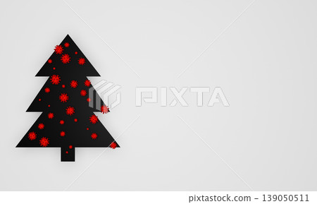 Black christmas tree placed on white background, covered with molecules of coronavirus (COVID-19 virus). Concept of christmas holidays during the pandemic situation in world. Usable as greeting card Black christmas tree placed on white background, covered with molecules of coronavirus (COVID-19 virus). Concept of christmas holidays during the pandemic situation in world. Usable as greeting card 139050511