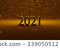 Number 2021 of gold color is placed on gradient gold background. Particles of light are falling from top side. Concept of celebration for new year 2021. Happy new year greeting image. 3D render. 139050512