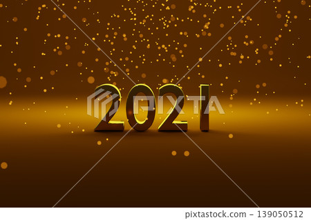 Number 2021 of gold color is placed on gradient gold background. Particles of light are falling from top side. Concept of celebration for new year 2021. Happy new year greeting image. 3D render. 139050512