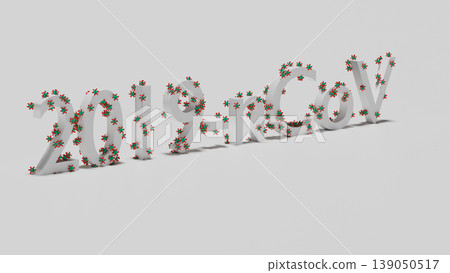 3D text "2019-nCoV" covered by model of virus molecule of green and red color. Concept of warning text and infographic related to pandemic situation in Wuhan city, China. 3D render. 139050517