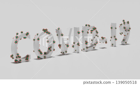 3D text "COVID-19" covered by model of virus molecule of green and red color. Concept of warning text and infographic related to pandemic situation in Wuhan city, China. 3D render. 3D text "COVID-19" covered by model of virus molecule of green and red color. Concept of warning text and infographic related to pandemic situation in Wuhan city, China. 3D render. 139050518