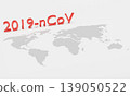 Red text "2019-nCoV" placed above world map. Concept art of pandemic situation of coronavirus (2019-nvoc, COVID-19, SARS-COV-2). Usable as epidemic concept template or infographic. 3D render. 139050522