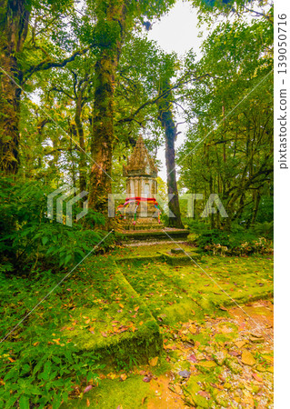 Memorial shrine at Doi Inthanon tropical rainforest park. Elephant statues on the sides as memento of king visit Memorial shrine at Doi Inthanon tropical rainforest park. Elephant statues on the sides as memento of king visit 139050716