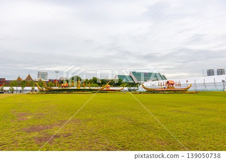 Thai royal barges are placed on the grass. Thai royal barges are placed on the grass. 139050738