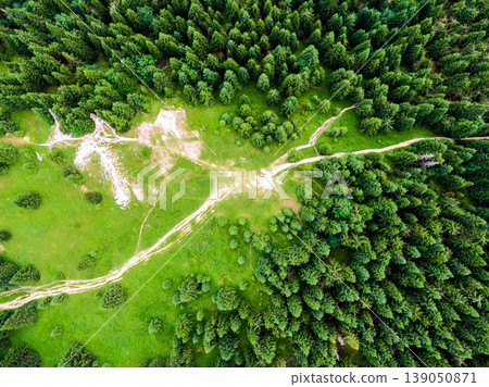 Aerial top down view to forest, trees and tourist paths in Slovakia national park Mala Fatra. Vibrant colors, fresh nature and beautiful forest Aerial top down view to forest, trees and tourist paths in Slovakia national park Mala Fatra. Vibrant colors, fresh nature and beautiful forest 139050871