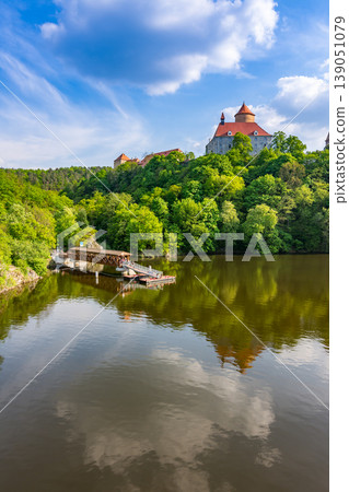Veveri castle, Czech republic. Old ancient castle near the Brno city in South Moravia region. Translation: "Hrad Veveri" means "Castle Veveri". Veveri castle, Czech republic. Old ancient castle near the Brno city in South Moravia region. Translation: "Hrad Veveri" means "Castle Veveri". 139051079