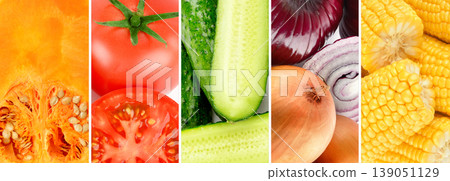 Fresh Vegetable Collage with Pumpkin Tomato Cucumber Onion and Corn 139051129