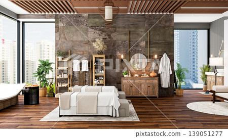 Oriental Luxury Modern Spa Treatment Room Interior with City View, 3D Rendering 139051277