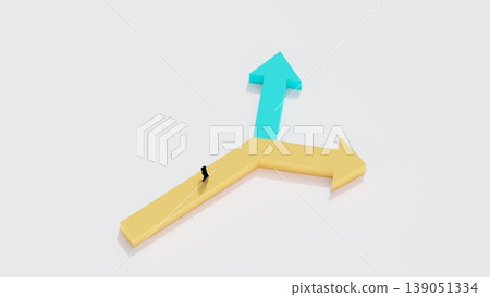 3D minimal scene of businessman facing two opposite arrow paths, concept of decision making, choice, strategy, direction and business growth opportunity 139051334