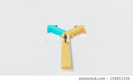 3D minimal scene of businessman facing two opposite arrow paths, concept of decision making, choice, strategy, direction and business growth opportunity 3D minimal scene of businessman facing two opposite arrow paths, concept of decision making, choice, strategy, direction and business growth opportunity 139051336