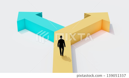 3D minimal scene of businessman facing two opposite arrow paths, concept of decision making, choice, strategy, direction and business growth opportunity 3D minimal scene of businessman facing two opposite arrow paths, concept of decision making, choice, strategy, direction and business growth opportunity 139051337