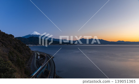 Mount Fuji at Golden Hour with Light Trails in Japan 139051365