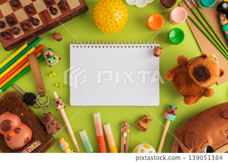 Playful School Capybara Themed Supplies Flat Lay Playful School Capybara Themed Supplies Flat Lay 139051384