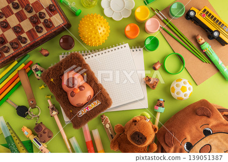 Playful School Capybara Themed Supplies Flat Lay Playful School Capybara Themed Supplies Flat Lay 139051387
