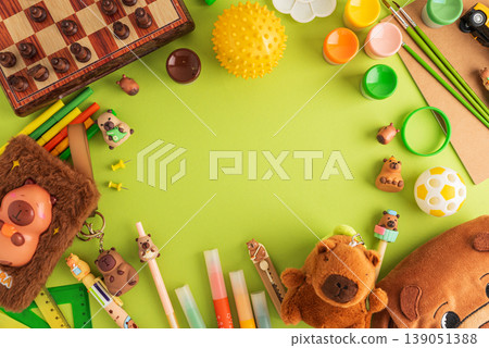 Playful School Capybara Themed Supplies Flat Lay Playful School Capybara Themed Supplies Flat Lay 139051388