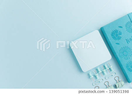 Blue School Stationery Flat Lay on Blue Background Blue School Stationery Flat Lay on Blue Background 139051398