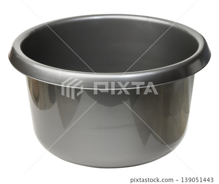 A deep round bowl made of glossy gray plastic with a wide rounded edge on an isolated background A deep round bowl made of glossy gray plastic with a wide rounded edge on an isolated background 139051443