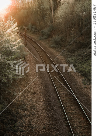 Delivery Railway tracks sunset curve perspective gravel Delivery Railway tracks sunset curve perspective gravel 139051467