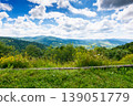 herb field in the mountain landscape in summer. wonderful view of carpathian mountains under cloudy sky. picturesque countryside landscape with forested hills. view in to the valley 139051779