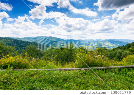 herb field in the mountain landscape in summer. wonderful view of carpathian mountains under cloudy sky. picturesque countryside landscape with forested hills. view in to the valley herb field in the mountain landscape in summer. wonderful view of carpathian mountains under cloudy sky. picturesque countryside landscape with forested hills. view in to the valley 139051779