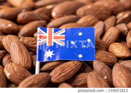 Flag of Australia on almonds. Origin of nuts, agribusiness of growing almond in Australia 139051813